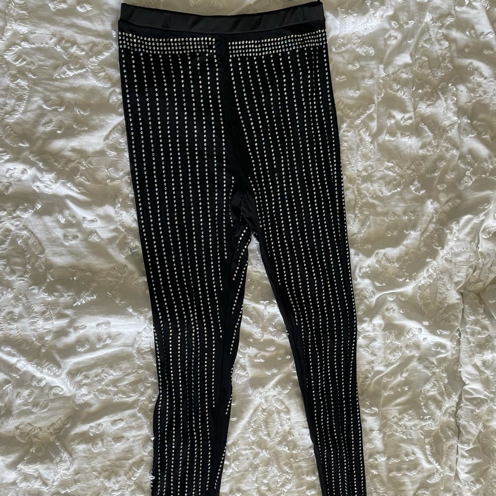 Rhinestone studded mesh leggings. See through